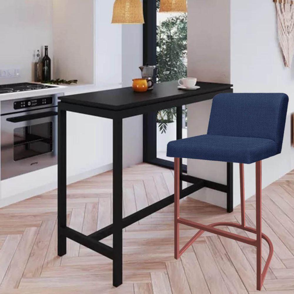 Miniatura Banqueta Com Encosto Noah Luxo Confort Bistrô Cozinha Ferro Bronze Linho Azul Marinho - Amey Decor
