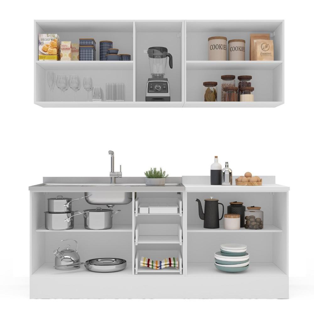 Miniatura Cozinha Pérola com Rodapé 4 Peças Aéreos com 5 Portas, Balcão 2 Gavetas 3 Portas e Balcão 2 Portas Y Branco/Cinza