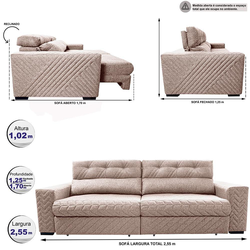 Sofá Retrátil E Reclinável 2,55m Molas Ensacadas Cama Inbox Style Thermo Gel Linho Bege Claro