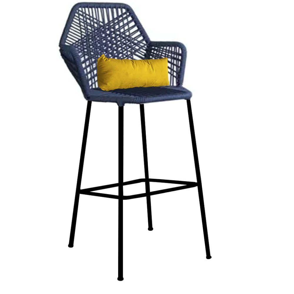 Miniatura Banqueta Alta Com Encosto Sttar Ferro Preto Fibra Azul Marinho Almofada Amarelo