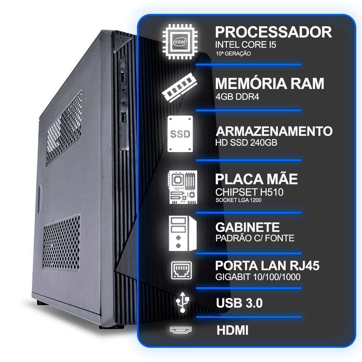 Miniatura PC Desktop Intel Core i5 10ª Geração 4GB RAM SSD 240GB