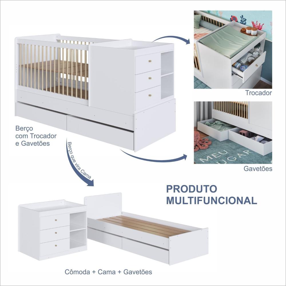 Miniatura Berço Multifuncional com Cama Auxiliar 3 Gavetas Malu Branco