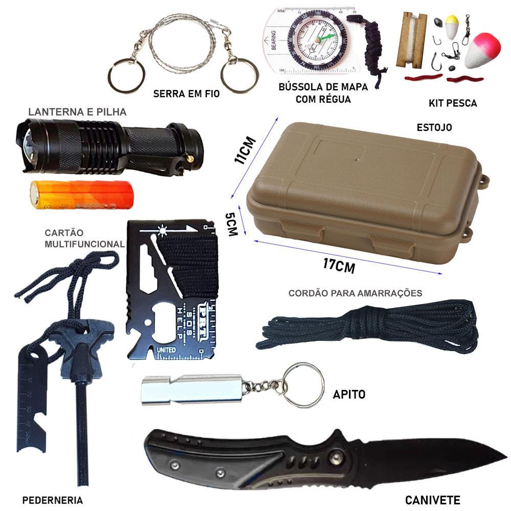 Miniatura Kit Sobrevivência Emergência Camping Trilha Canivete Pesca