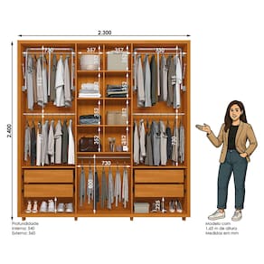 Guarda-Roupa Casal Madetec Portinari com Espelhos 6 Portas 4 Gavetas Ripado Angular Amortecimento Cabideiro Extensível ARM 6PT C/ESP 4GV MADETEC VERONESE CINAMOMO