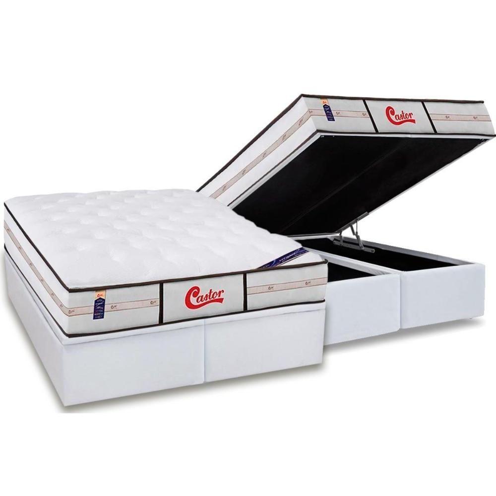 Miniatura Cama Box Baú Queen: Colchão Molas Pocket Ensacadas Castor Vitagel Class + Base White(158X198)