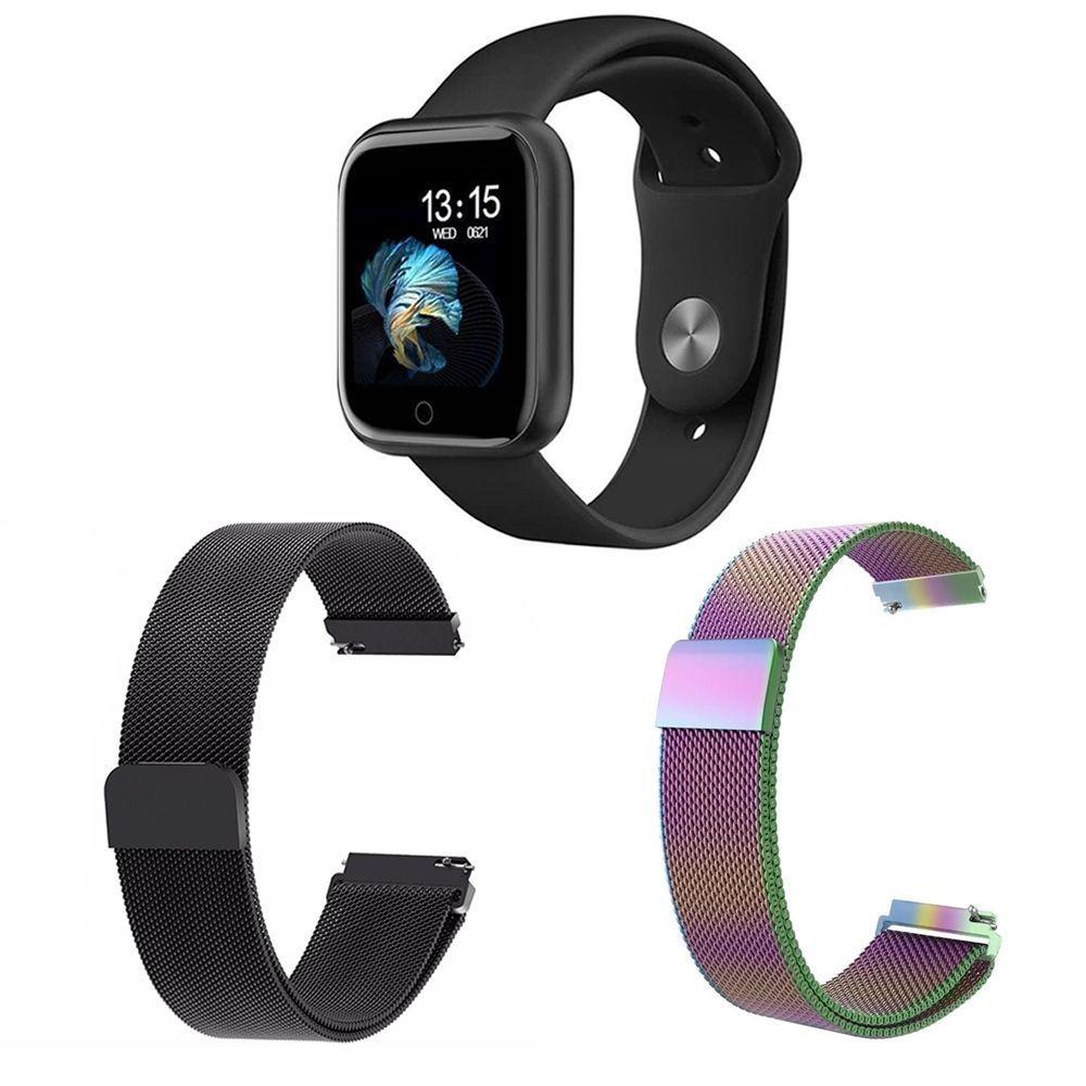 Miniatura Kit 1 Smartwatch P70 Preto + 2 Pulseiras Preto E Arco Íris
