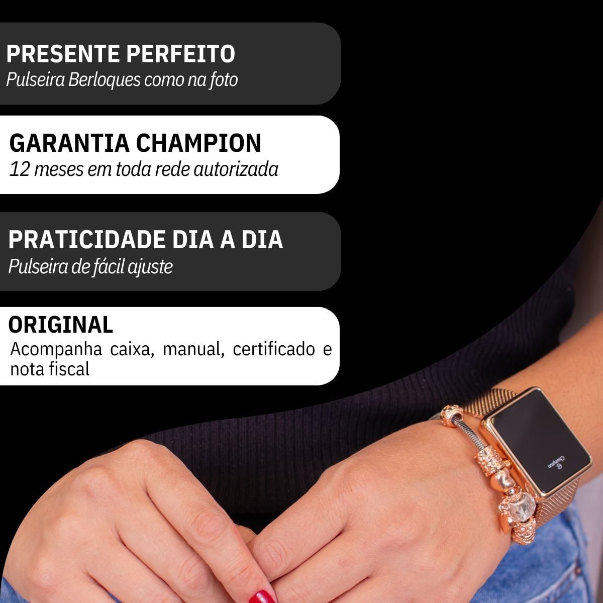 Miniatura Relógio Feminino Champion Digital Quadrado Rosé CH40083H Led Rosa + Pulseira Berloques