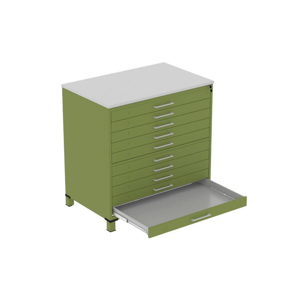 Miniatura Gaveteiro Mapoteca para Escritório de Aço Fixa com 10 Gavetas Industrial Verde/Cinza
