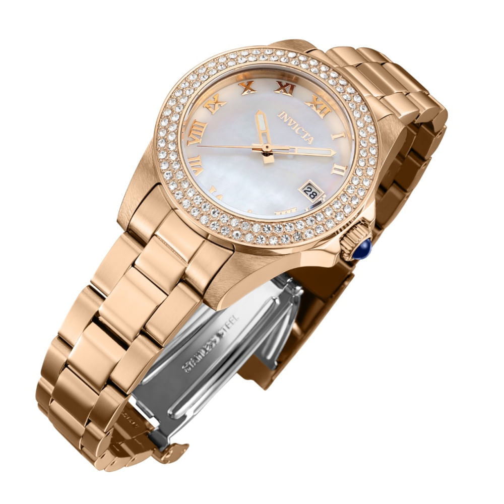 Miniatura Relgio feminino Invicta Anjo com madreprola e ouro rosa - 34 mm. Elegncia e sofisticao em um acessrio de qualidade.