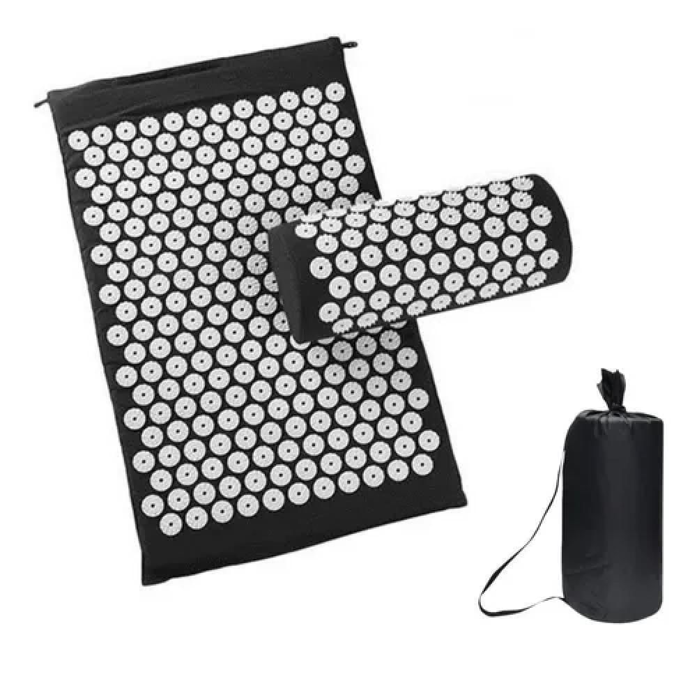 Miniatura Kit Tapete Acupuntura Acupressao Com Colchonete Almofada Travesseiro Massageador Relaxamento Yoga Preto