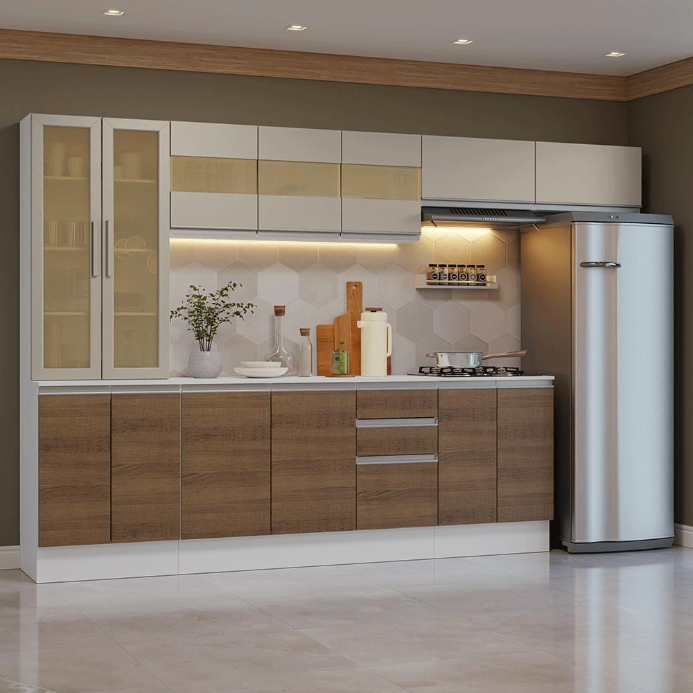 Armário de Cozinha Completa 100% MDF 300 cm Branco/Rustic/Crema Smart Madesa 04