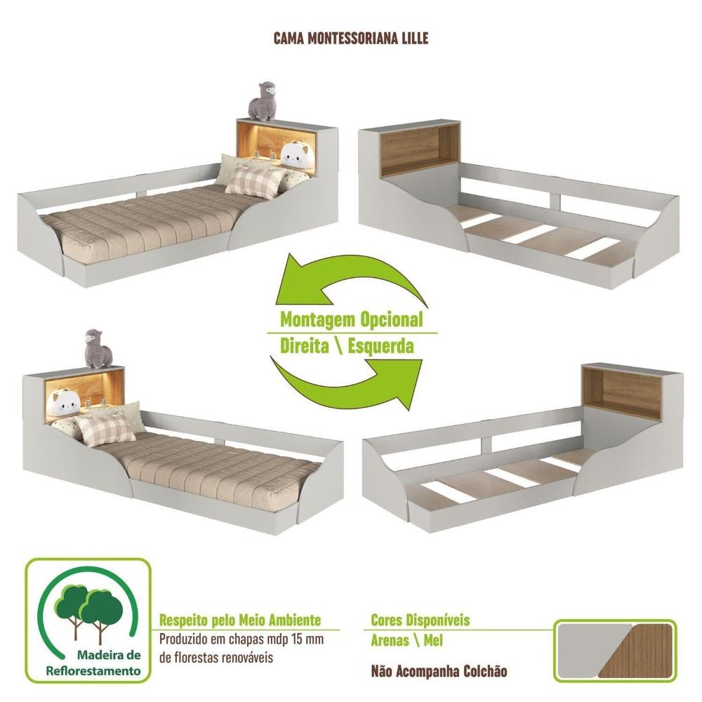 Quarto Infantil com Cama Solteiro Montessoriana com Iluminação Led e Comoda Lille Arenas