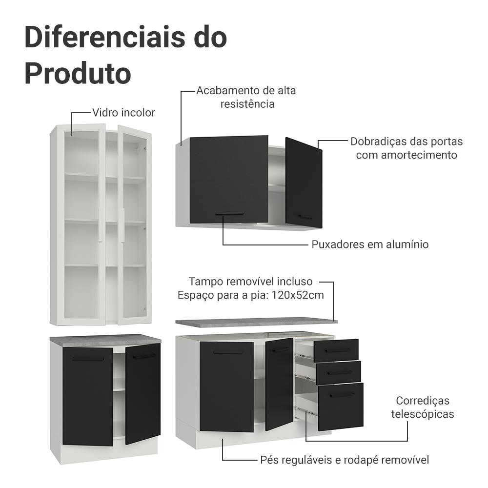 Miniatura Armário de Cozinha Compacta 190cm com Cristaleira Branco/Preto Agata Madesa 01 Branco/Preto