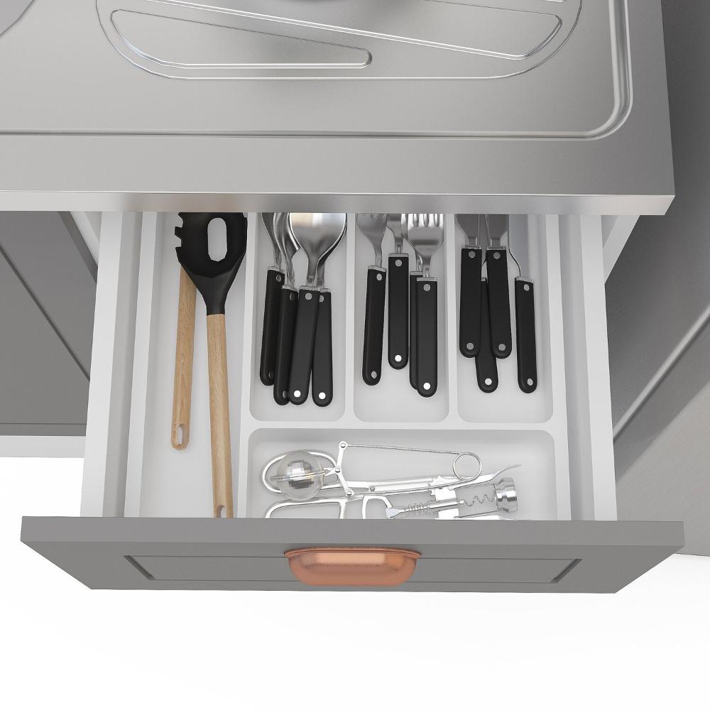 Cozinha Pérola com Rodapé 4 Peças Aéreos com 5 Portas, Balcão 2 Gavetas 3 Portas e Balcão 2 Portas Y Branco/Cinza