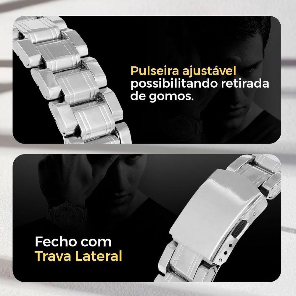 Relogio Masculino Prata Aço Inox + Pulseira + Caixa Ponteiro Presente Qualidade Premium Social