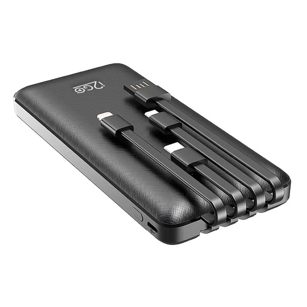 Miniatura Carregador Portátil (Power Bank) 10000mAh 4 em 1 com Cabos Acoplados (Micro USB, USB-C, Lightning E USB-A) I2GO Plus Preto - Bivolt