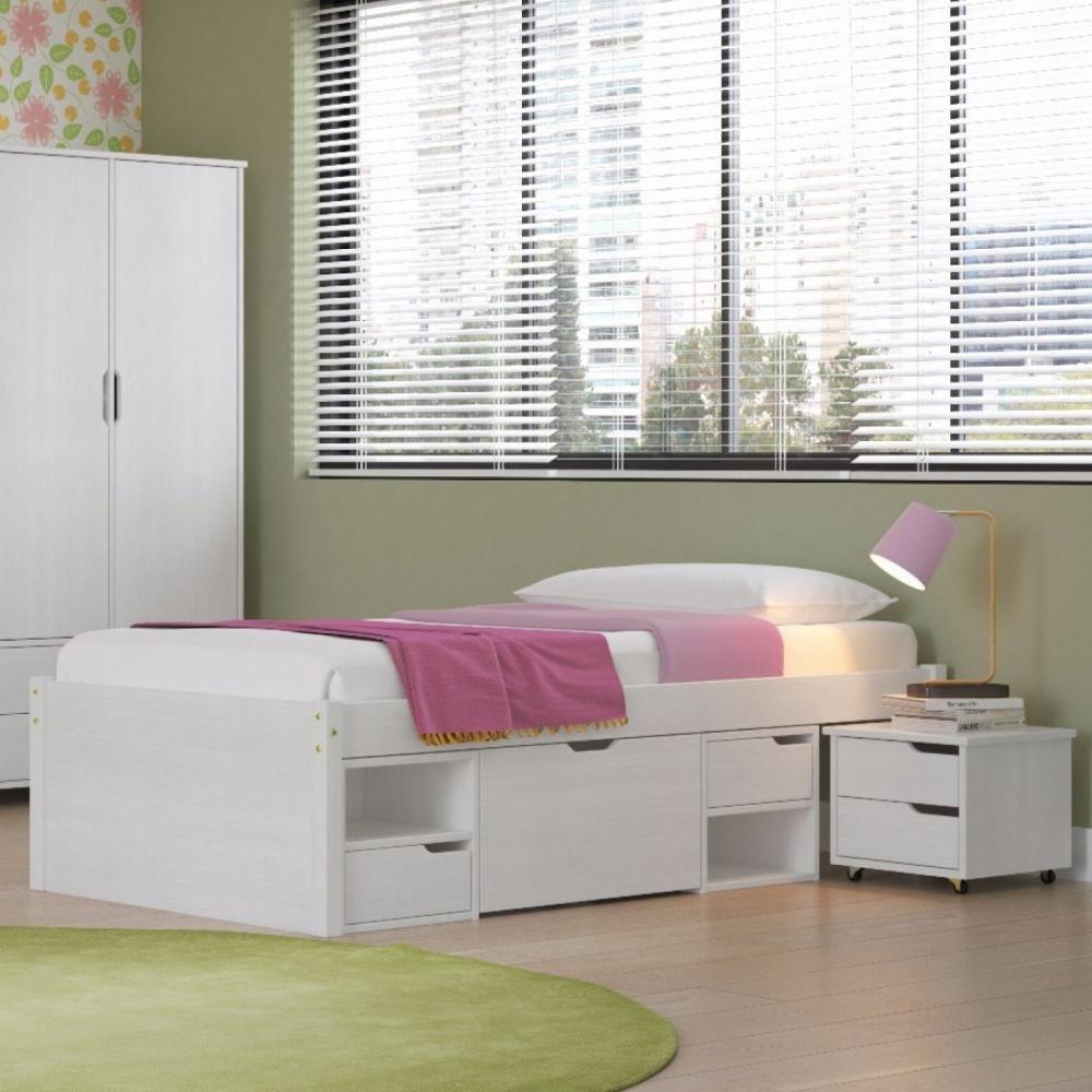 Miniatura Cama Solteiro com 3 Gavetas e 1 Mesa de Cabeceira Charme Inter Link Branco Lavado