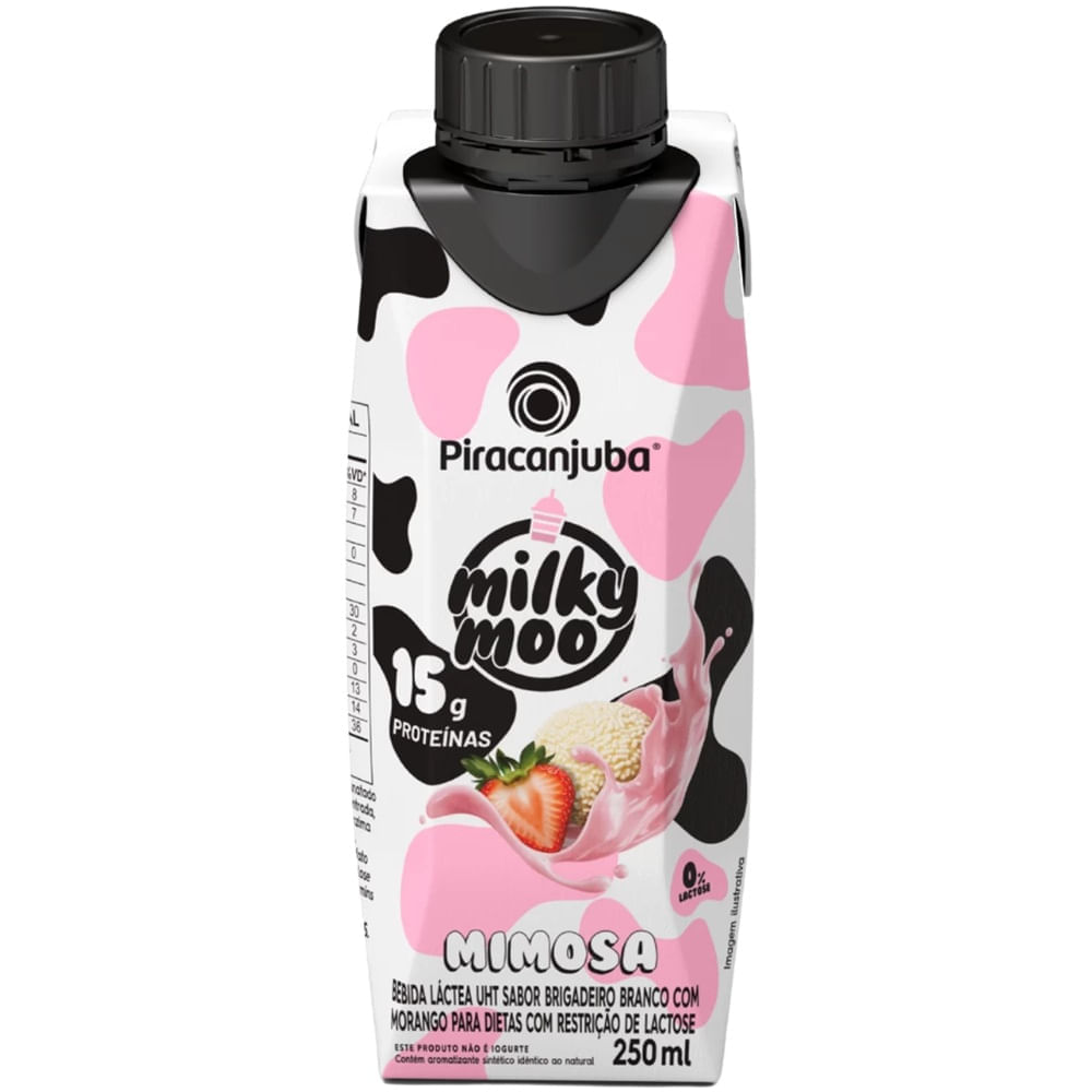 Miniatura Bebida Láctea Milky Moo Mimosa Sabor Brigadeiro Branco Com Morango 250ml