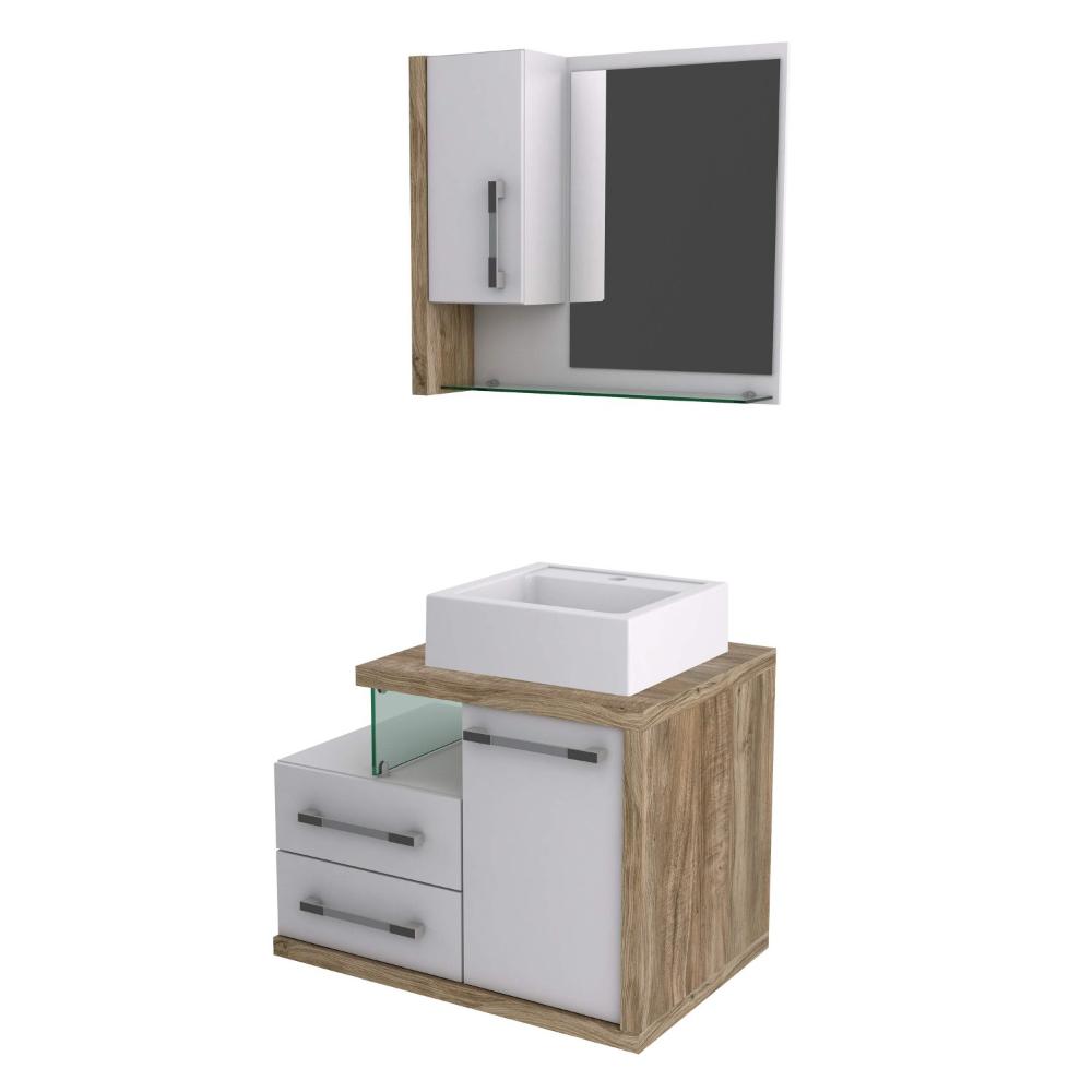 Miniatura Gabinete para Banheiro 1 Porta 2 Gavetas com Cuba Q35 e Espelheira Legno 650W Espresso Móveis Branco/Carvalho