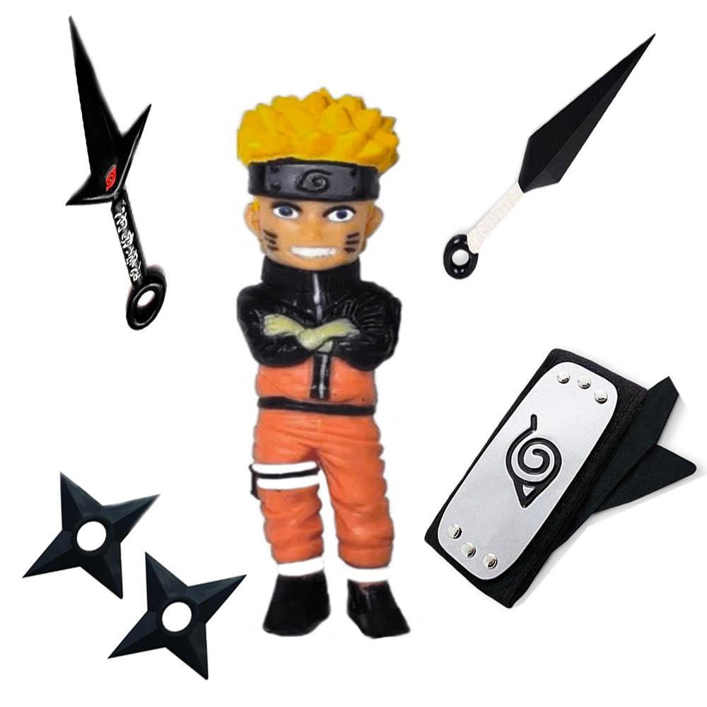 Miniatura Boneco Do Naruto Kit Bandana + Kunai + Shuriken Preto