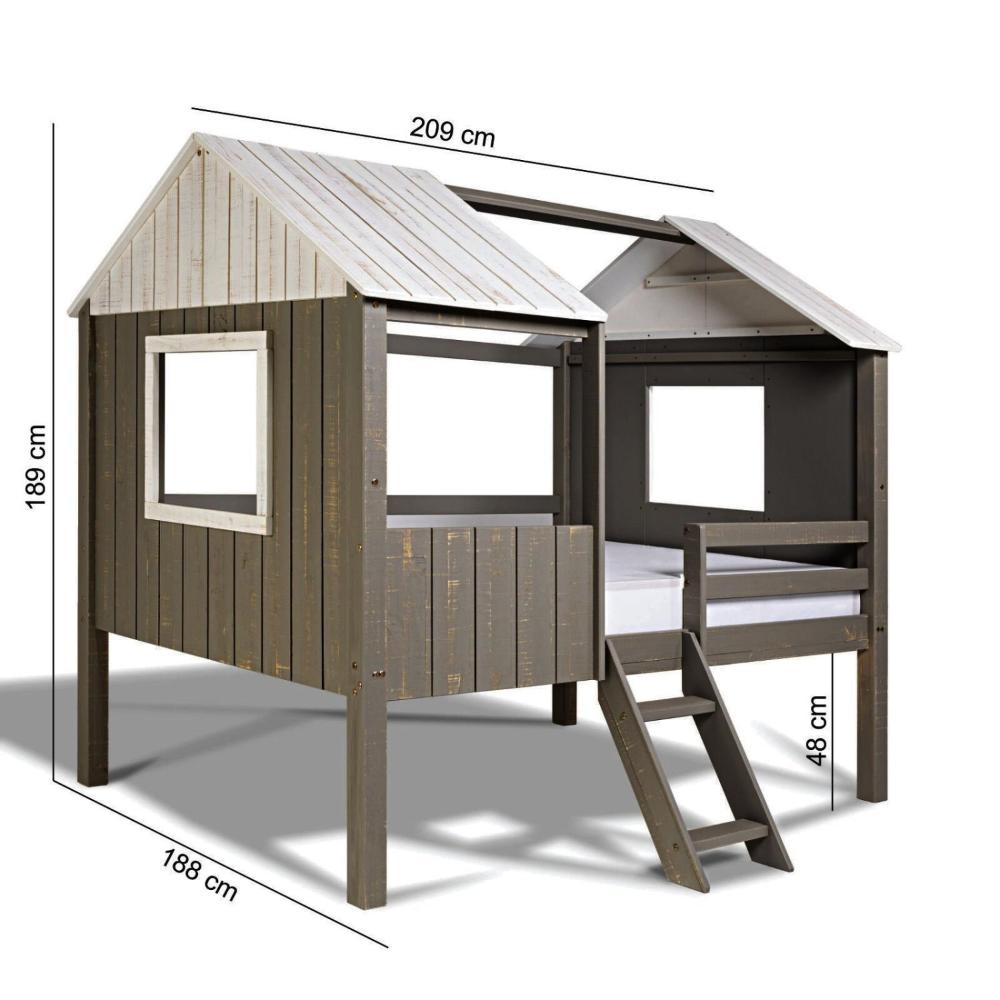 Miniatura Cama Infantil Cabana em Madeira Maciça Teddi Cinza Rústico/Branco Rústico