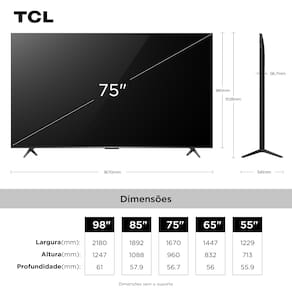 Smart TV 75" TCL 75C6K 4K QD-Mini Led 144Hz com Sistema Operacional Google TV