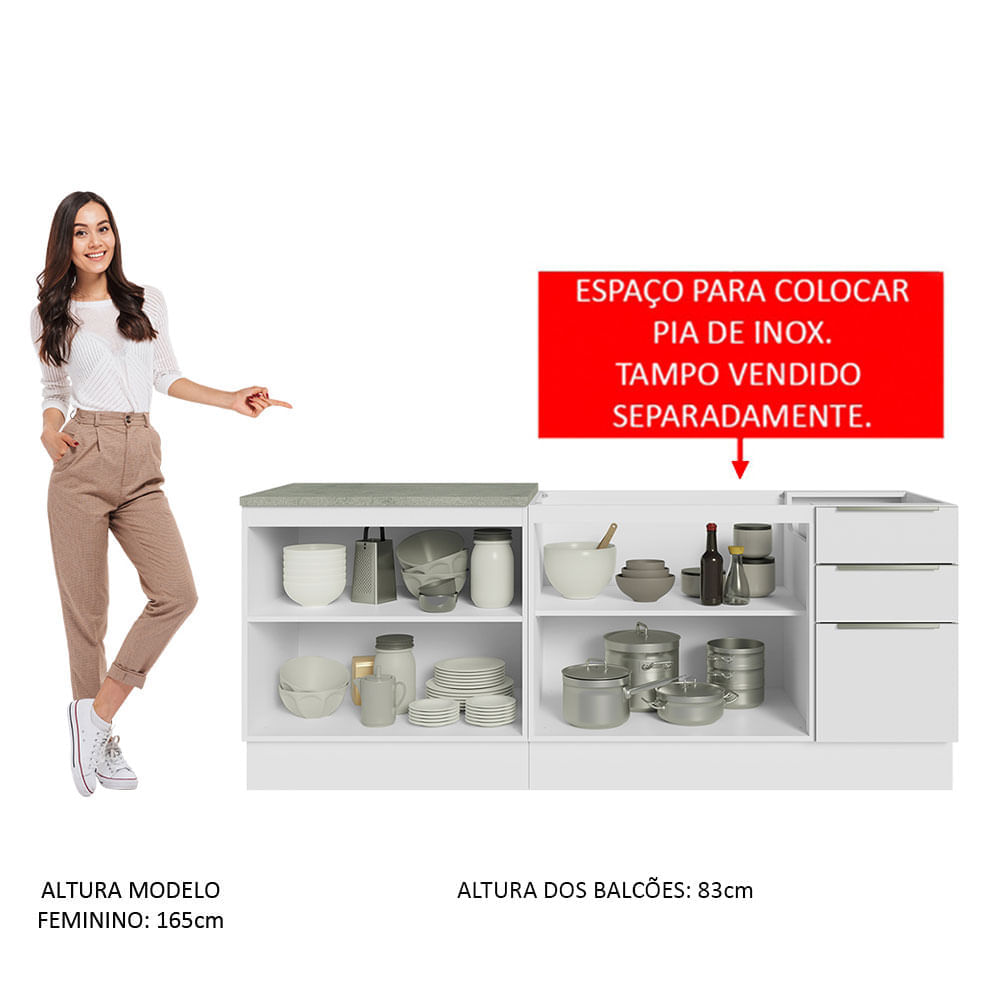 Kit com 2 Balcões de Cozinha Madesa Lux 4 Portas 3 Gavetas (Sem Tampo e Pia) Branco/Branco Veludo Cor:Branco/Branco Veludo