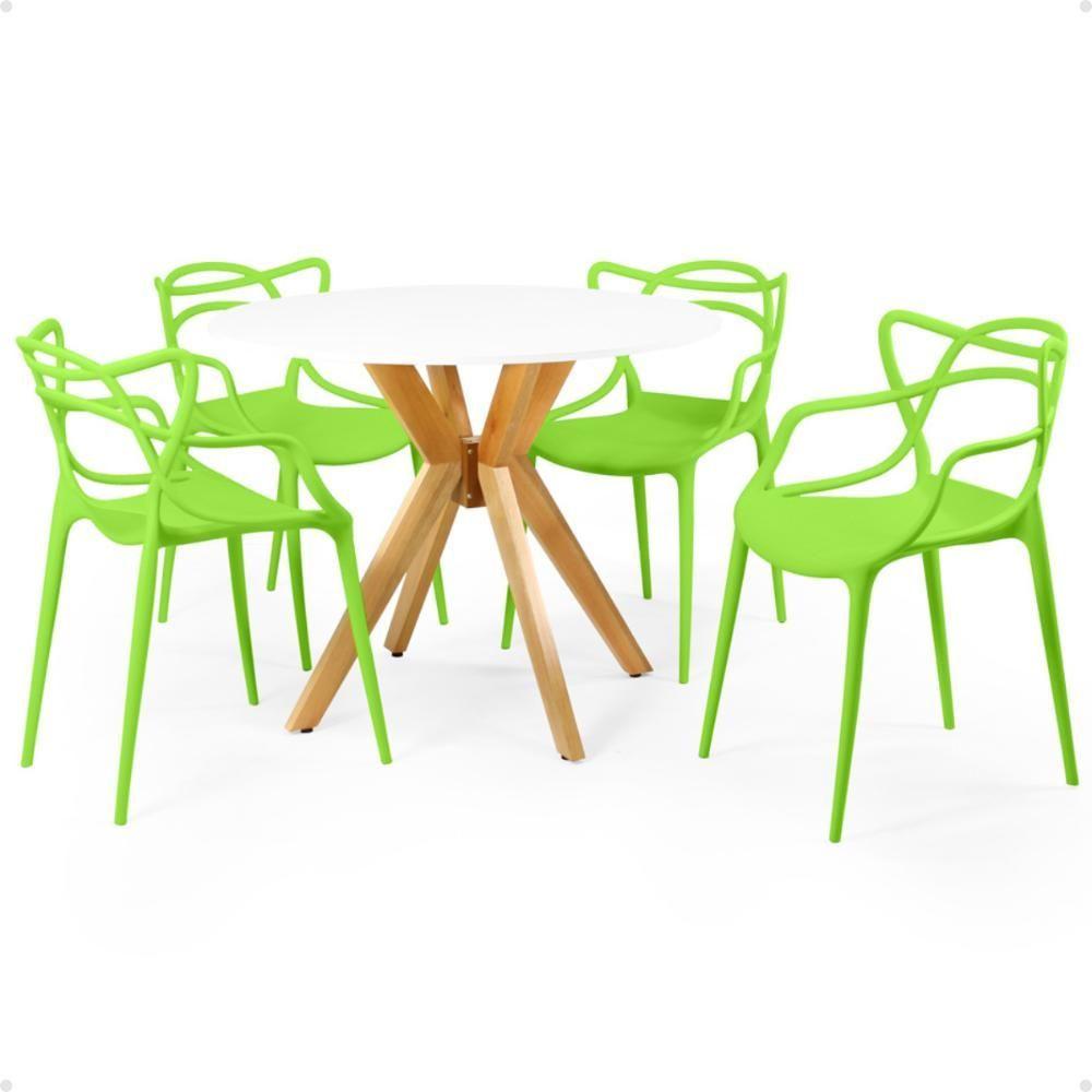 Miniatura Conjunto Mesa De Jantar Redonda Marci Branca 100cm Com 4 Cadeiras Allegra - Verde