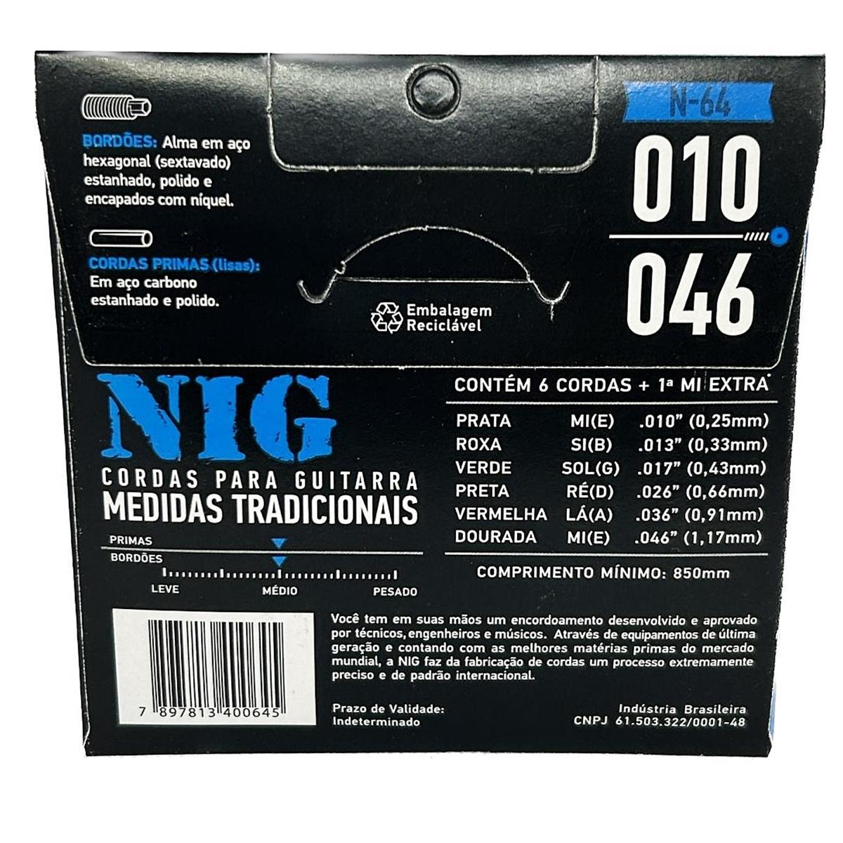 Encordoamento 010 Guitarra Tensão Light Nig N64 + Corda E