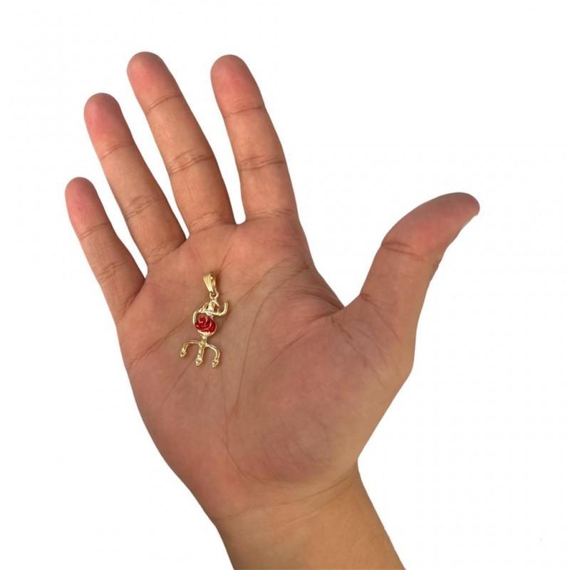Miniatura Pingente Tridente Pomba Gira Rosa Vermelha 2,9 Cm Dourado