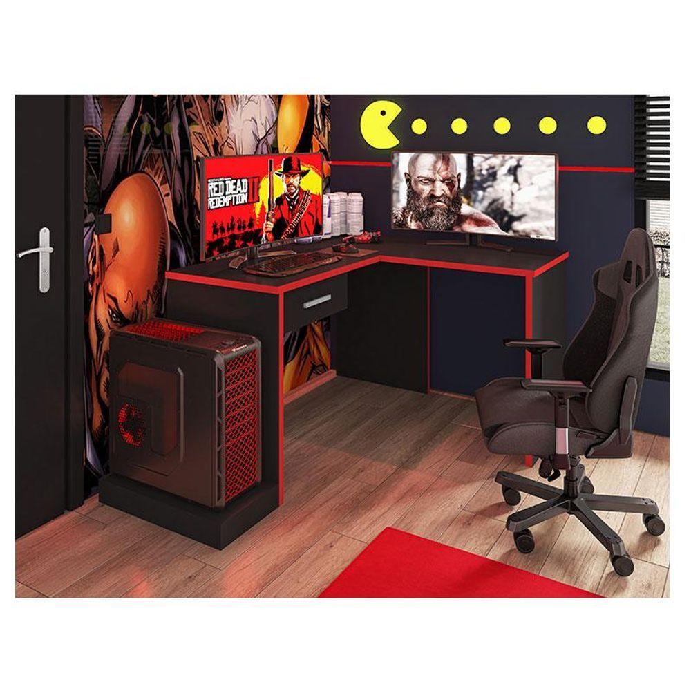 Miniatura Mesa Para Computador Gamer Ambiente Drx 9000 Com Extensora Preto Trama Vermelho - Móveis Leão