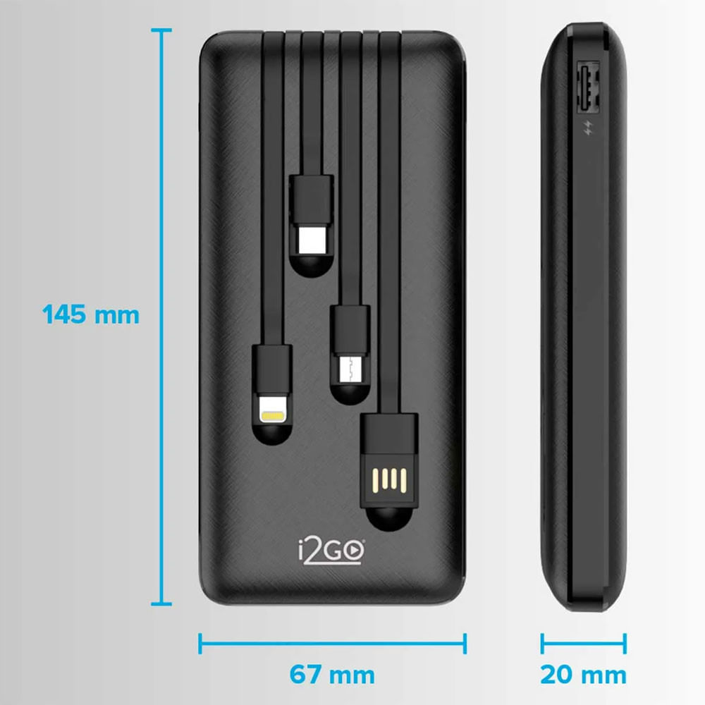 Carregador Portátil (Power Bank) 10000mAh 4 em 1 com Cabos Acoplados (Micro USB, USB-C, Lightning E USB-A) I2GO Plus Preto - Bivolt