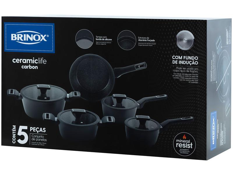 Jogo de Panelas Brinox Revestimento Cerâmico Preto 5 Peças Carbon Ceramic Life