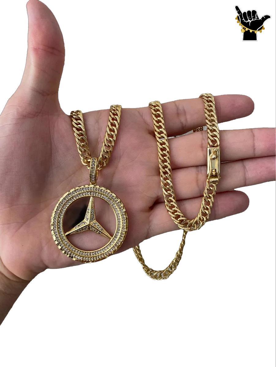 Miniatura Corrente Grumet 7Mm + Pingente Mercedes - Banhado A Ouro 18K