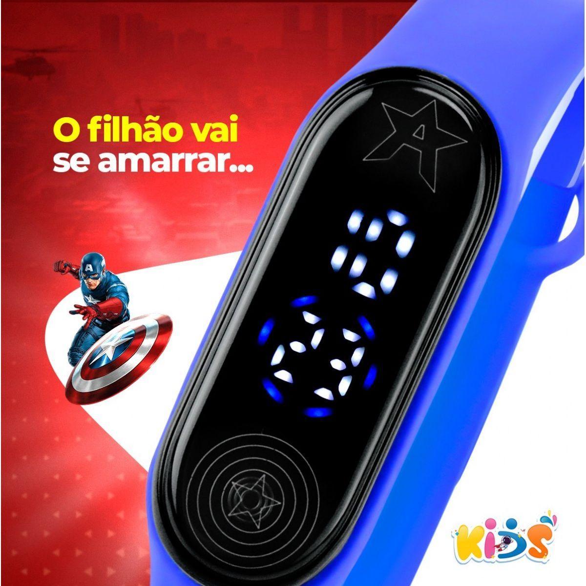 Relogio Digital Prova Dagua Infantil + Copo Capitao America