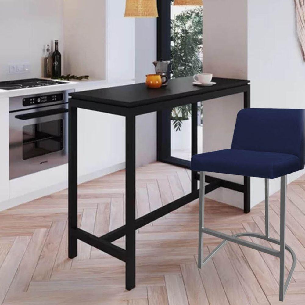 Miniatura Kit 03 Banquetas Com Encosto Bistrô Cozinha Ferro Cinza Sintético Azul Marinho - Ahazzo Móveis