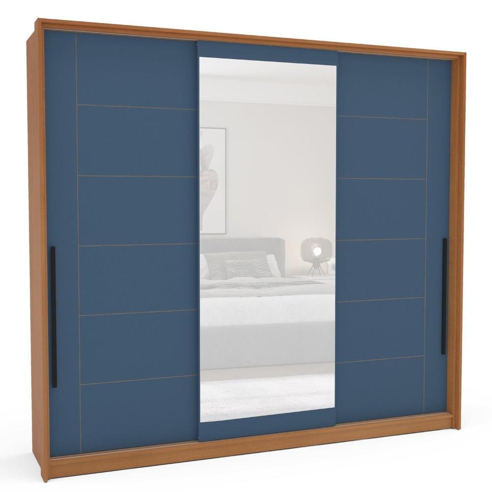 Miniatura Guarda Roupa 3 Portas de Correr 4 Gavetas com Espelho Lisboa Freijó/Azul
