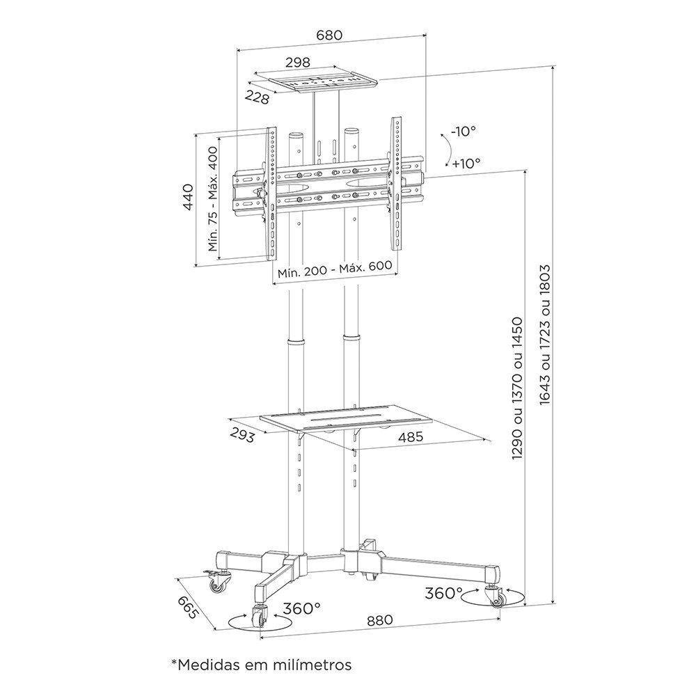 Miniatura Pedestal Para Tv 32 A 75 Suporte Com Rodízios Cts600
