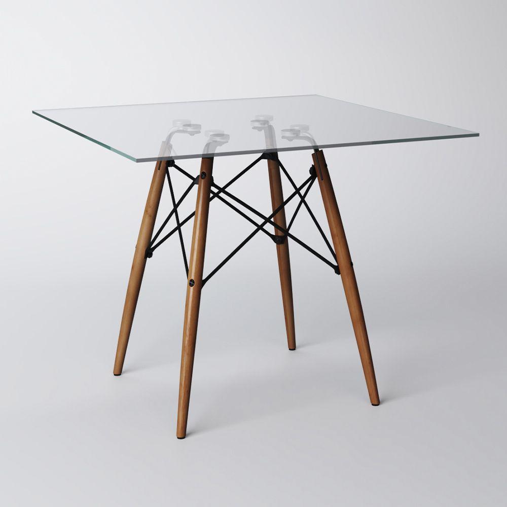 Miniatura Mesa Eames Eiffel Quadrada 90 Cm Tampo De Vidro Base De Madeira