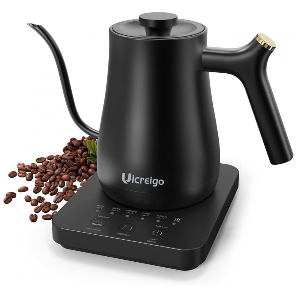 Miniatura Chaleira Elétrica 800mL em Aço Inoxidável com Controle de Temperatura, 5 Predefinições, 110V 1200W, Ulcreigo, Preta