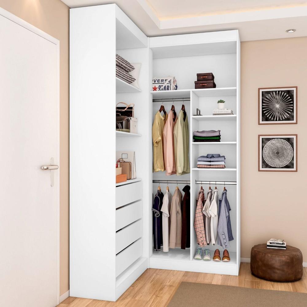 Guarda Roupa Closet Casal sem Portas Canto em L com 4 Gavetas e 3 Cabideiros Versatille Yescasa Branco