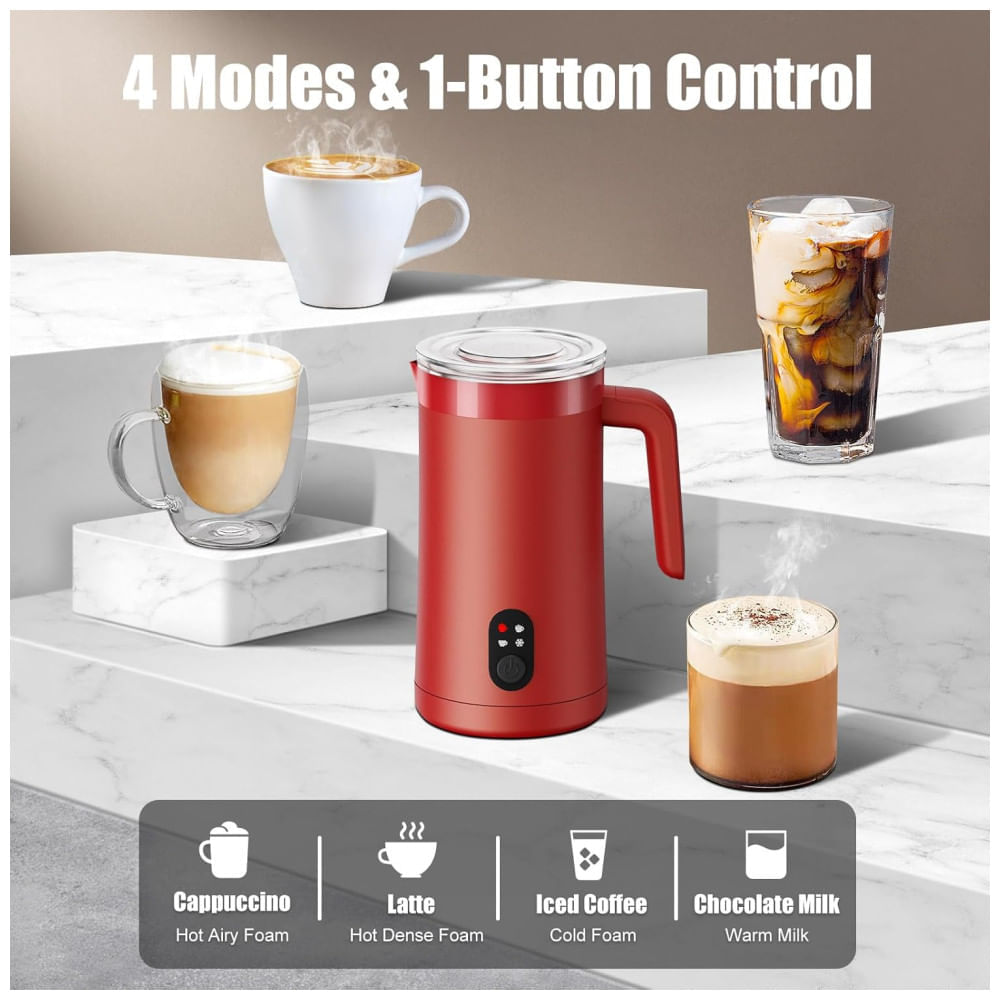Miniatura Espumador de Leite Elétrico Ovetedot, 4 em 1, 400ml Vermelha: Crie Espuma Quente e Fria, Aqueça e Esquente Leite Automaticamente!