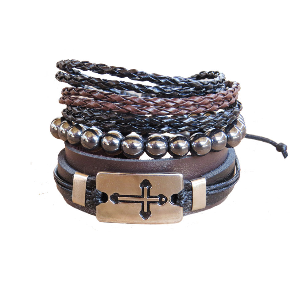 Miniatura Kit 3 Pulseiras Masculinas Cruz Trindade e Hematita