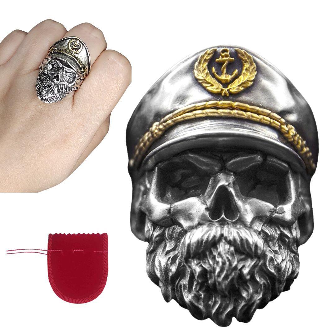 Miniatura Anel Grande Prateado Pirata Capitão Caveira Regulável