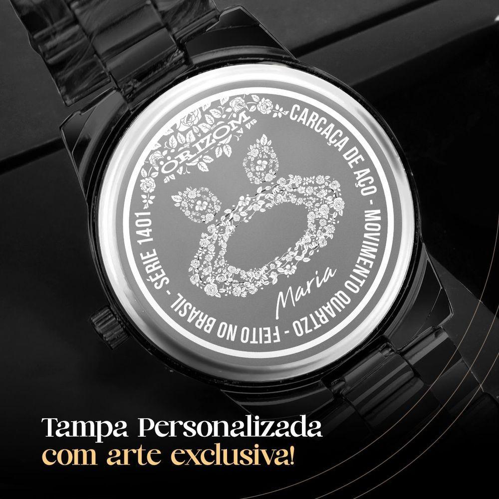 Miniatura Relogio Feminino Preto Aço Inox + Caixa + Brincos + Colar Original Presente Qualidade Premium Social