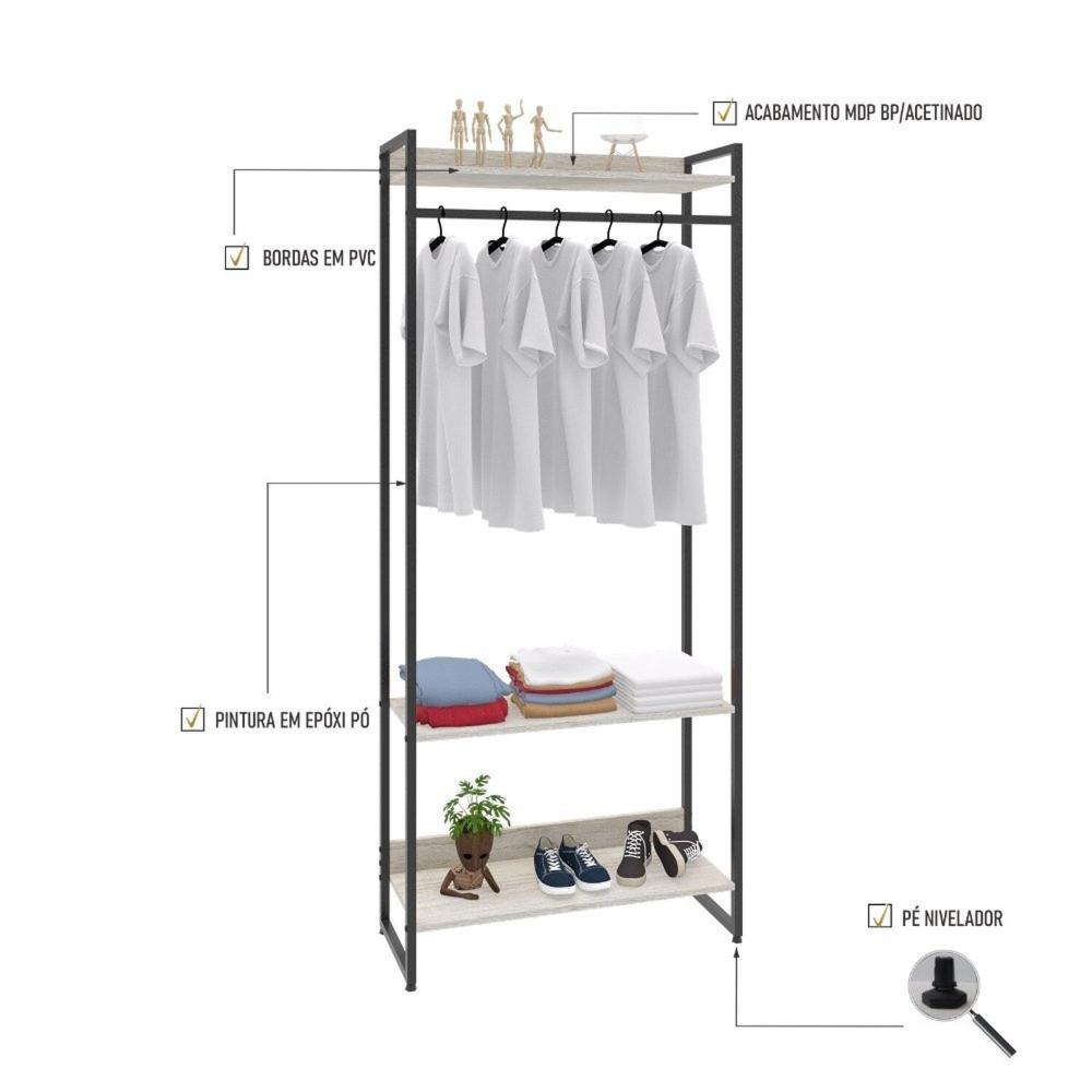 Miniatura Estante Closet Arara Industrial 3 Prateleiras 187x80cm Dynamica Yescasa Snow / Preto