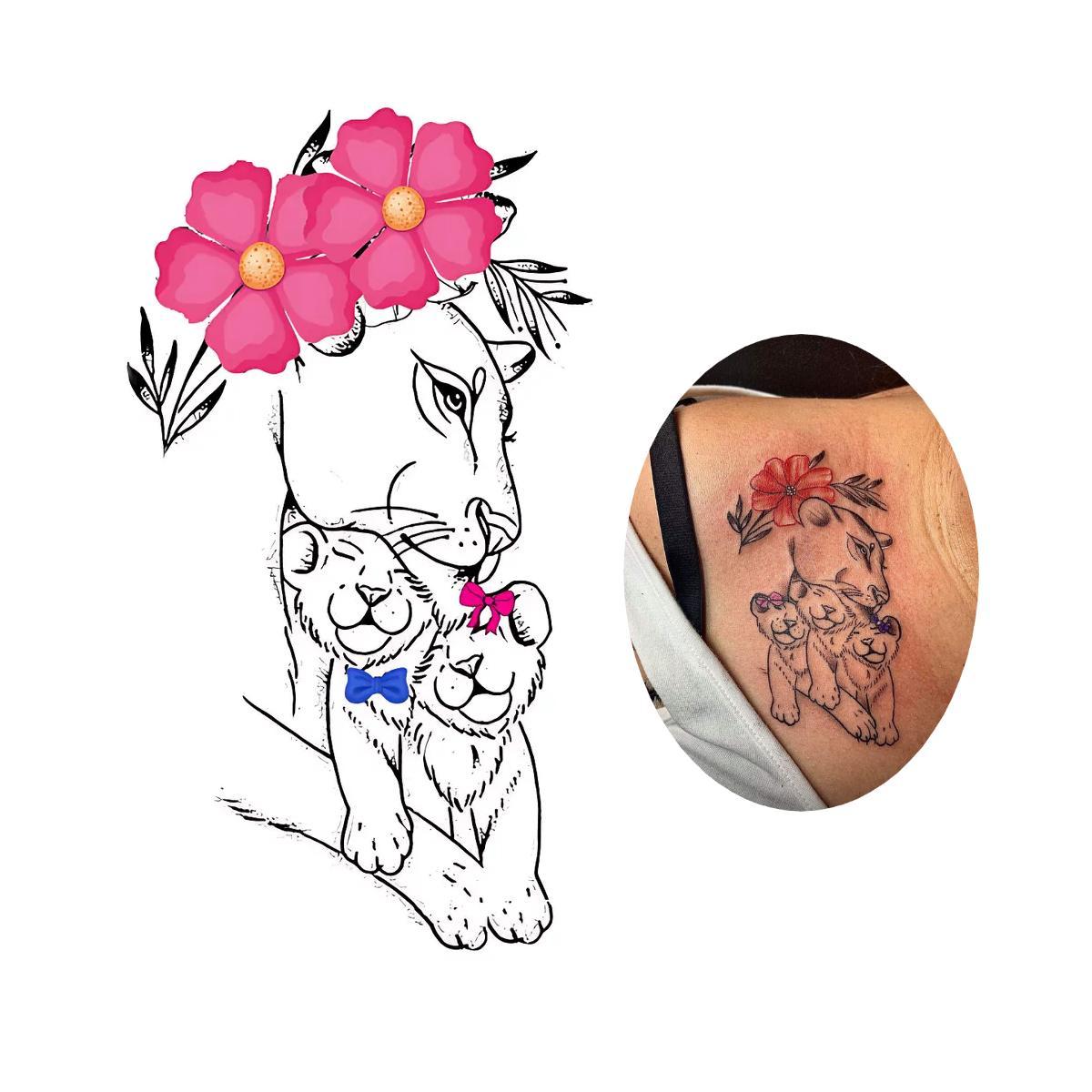 Miniatura Tatuagem Temporária Leoa 2 Filhos Menino Menina Casal Modelo