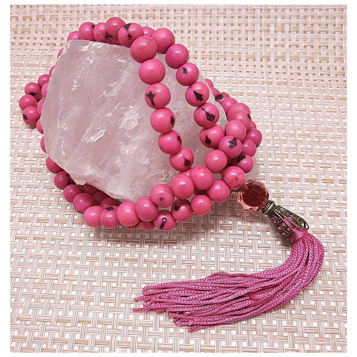 Miniatura Japamala 108 Contas De Sementes De Açai Cor Rosa Pink Hooponopono