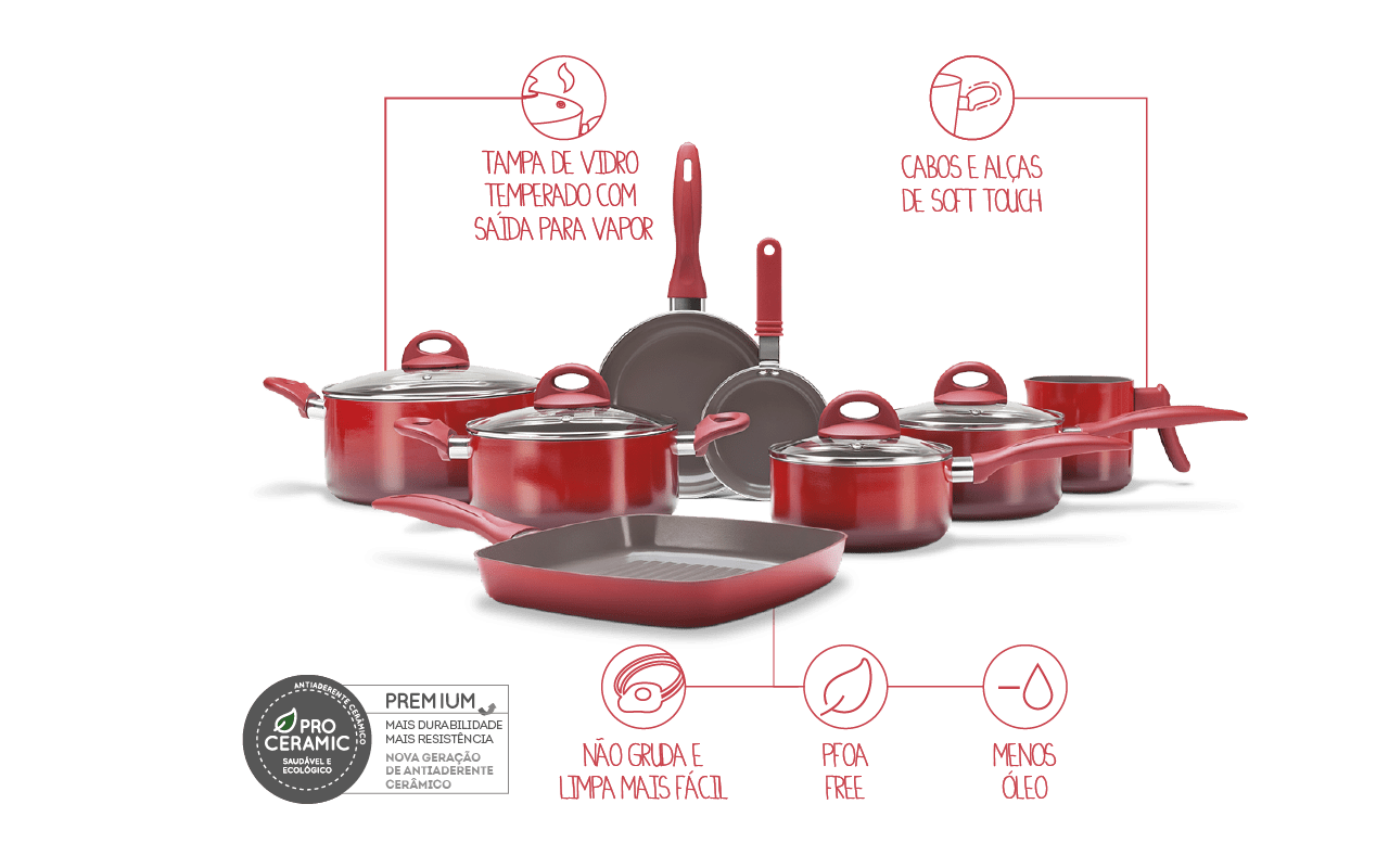 Miniatura Jogo de Panelas 8 Peças - Ceramic Life Smart Plus Brinox Vermelho Brinox