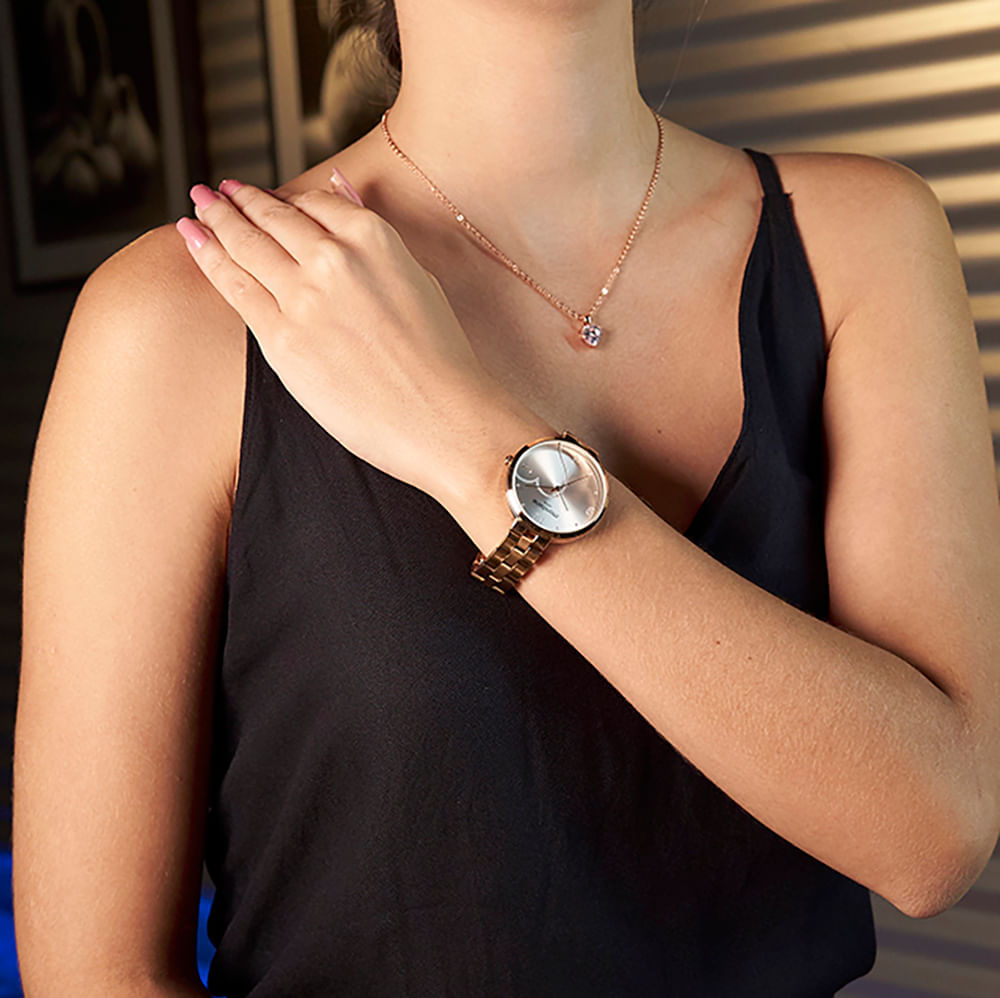 Miniatura Relógio Feminino Romântico Coração Cristais Prateado com Rosê